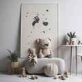 Scandinavian Style Kids Room, Beige color, Lots of Hanging toys on wall, Teddy bear, Lamp, Soft Light Generative Ai