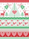 Scandinavian style and Nordic culture inspired Christmas, festive winter seamless pattern in cross stitch style with bells, trees Royalty Free Stock Photo