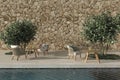 Scandinavian style outdoor terrace cafe with wicker furniture, swimming pool and trees. Mock up stone wall. 3d render