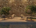 Scandinavian style outdoor terrace cafe with wicker furniture, swimming pool and trees. Night lighting. Mock up stone Royalty Free Stock Photo