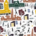 Scandinavian style pattern with city and people in it. Buildings and architecture . Traveling. City landscape.