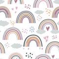 Scandinavian style Rainbow Seamless repeat pattern in pastel colors on light white background