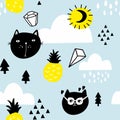 Scandinavian style seamless pattern with pineapples and cats in the sky. Royalty Free Stock Photo