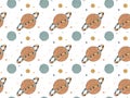 Scandinavian style seamless pattern of planets, stars and dots hand-drawn on a white background. Saturn, Mars and Uranus. Baby spa