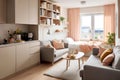 Scandinavian style small studio apartment with stylish design in light pastel colors with big window, living room Royalty Free Stock Photo