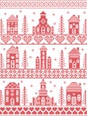 Scandinavian Tall Christmas pattern including Nordic Christmas scenery Winter Village Church , house, cottages, town hall in cro