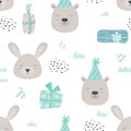 Scandinavian Teddy Animals Seamless Pattern. Baby Background with Cute Bear and Rabbit in Birthday Hats and Gift Boxes