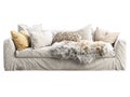 Scandinavian three-seat white fabric upholstery sofa with pillows and pelts. 3d render