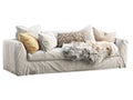 Scandinavian three-seat white fabric upholstery sofa with pillows and pelts. 3d render