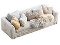 Scandinavian three-seat white fabric upholstery sofa with pillows and pelts. 3d render