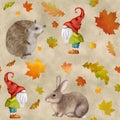 Scandinavian Tomte gnome, Bunny, Hedgehog, fall maple, oak leaves watercolor seamless pattern. Cute Nordic gnomes and animals