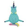Scandinavian unicorn with rainbow horn isolated on white background.A cute horse in a flat style sits. Hand vector