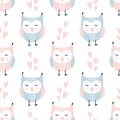 Scandinavian Valentine love seamless pattern with cute owls and hearts, endless romantic texture. cute colourfull retro Royalty Free Stock Photo