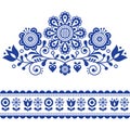 Scandinavian vector folk art pattern with flowers, traditional floral frame or border design