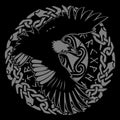 Scandinavian Viking design. Black Raven in flight with outstretched wings and Old Norse ornament