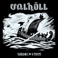 Scandinavian Viking design. Viking warship in a stormy sea and the Valhalla inscription