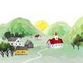 Scandinavian watercolor landscape with hills,cozy houses, church and sunrise. Vector Illustration