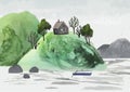 Scandinavian watercolor vector landscape with houses, trees, river and boat. Rainy day. Romantic Illustration