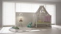 Scandinavian white child bedroom with canopy crib, minimal inter Royalty Free Stock Photo