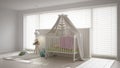 Scandinavian white child bedroom with canopy crib, minimal inter Royalty Free Stock Photo