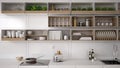 Scandinavian white kitchen, shelving system, minimalistic