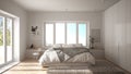 Scandinavian white minimalist bedroom with panoramic window, fur carpet and herringbone parquet, modern architecture interior desi
