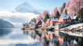 Scandinavian winter peaceful landscape of foggy morning Royalty Free Stock Photo