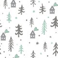 Scandinavian winter seamless pattern. Cute houses, and trees landscape. Cartoon Xmas vector background Royalty Free Stock Photo