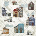 Scandinavian wooden houses with a smoke from the chimney. Cartoon style norge houses. Architectural seamless pattern.