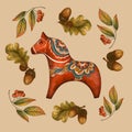 Scandinavian Wooden Red Horse. Floral Folk Ornament, Fall Leaves