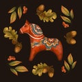 Scandinavian Wooden Red Horse. Floral Folk Ornament, Fall Leaves