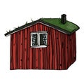 Scandinavian wooden red house with grass on the roof on white background Royalty Free Stock Photo