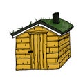 Scandinavian wooden yellow house with green grass on the roof on white background Royalty Free Stock Photo