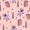 Scandinavian woodland seamless pattern with cute bear and hedgehog.