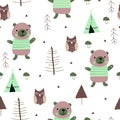 Scandinavian woodland seamless pattern with cute bear and owl