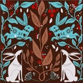 Scandinaviat folk art with bunnies, nordic style blockprint imitation