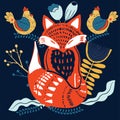 Scandinaviat folk art with fox, nordic style blockprint imitation vector