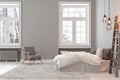 Scandinavin loft gray empty bedroom interior with armchair, bed and lamp. Royalty Free Stock Photo