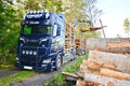 Scania Logging truck loading pine trees in the forest