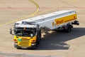 Scania P270 truck Shell kerosine refueling vehicle driving on the tarmac of Berlin-Tegel Airport. Berlin, Germany - June 1, 2016