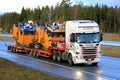 Scania R580 Heavy Transport of Dredging Equipment in Winter Royalty Free Stock Photo