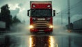 Scania truck on a rainy day, photographed in high definition, showcasing its durability and performance in different weather