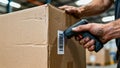 Scanning a Barcode on a Cardboard Box in a Warehouse Royalty Free Stock Photo