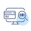 Scanning a barcode. Magnifying glass, credit card and desktop computer. Pixel perfect icon