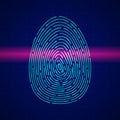 Scanning fingerprint with red laser. Biometric beam travels through skin lines of blue thumb.