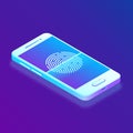 Scanning fingerprint on smartphone. Unlock mobile phone. Biometrics security. Touch screen smartphone with a zone to touch the hum Royalty Free Stock Photo