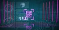 Scanning neon magenta frame highlighting QR-code-like symbol at high-tech panel, with HUD graphics Royalty Free Stock Photo