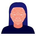 Scanning person face by points. Low polygon indication. Recognition of female face, identification, determination of personality.