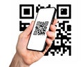 Scanning QR code with mobile phone application. QRcode scanner app on screen in hand isolated