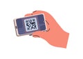 Scanning QR-code with mobile scanner app, holding smart phone in hand. Using QRcode reader on smartphone screen for Royalty Free Stock Photo